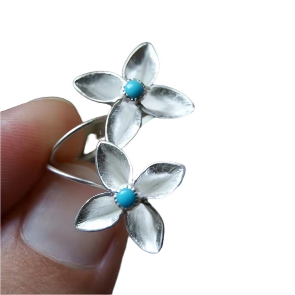 Silver and Turquoise Flower Drop Earrings - Picture 3 of 4